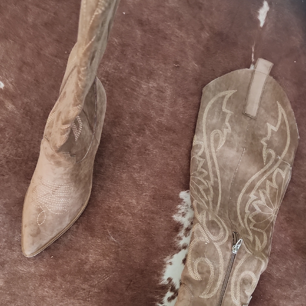 Tan Embroidered Knee-High Women's Boots - Picture 2 of 3